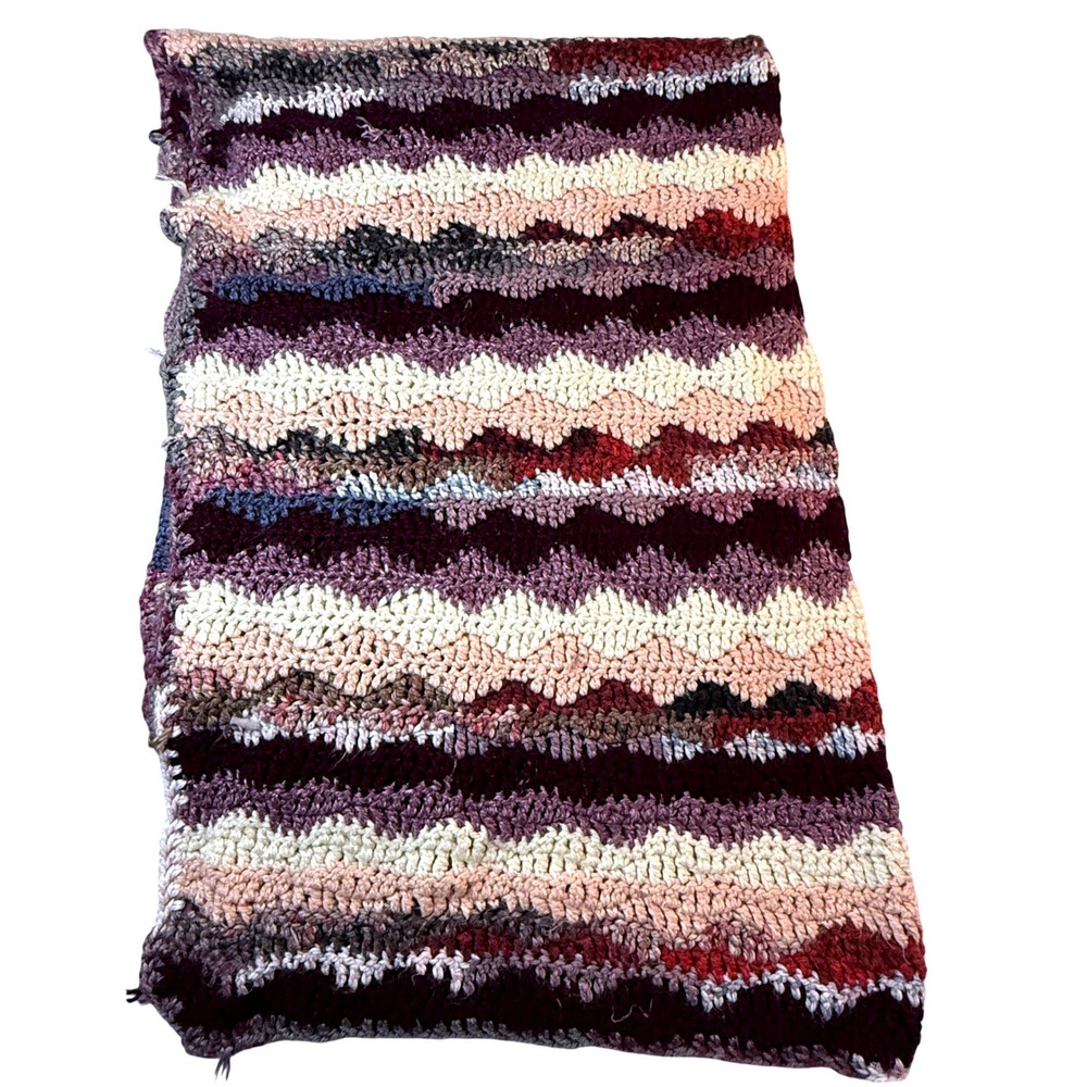 Handmade Crochet Throw Blanket Purple Cream Ripple Wave Boho Cottagecore 35x24